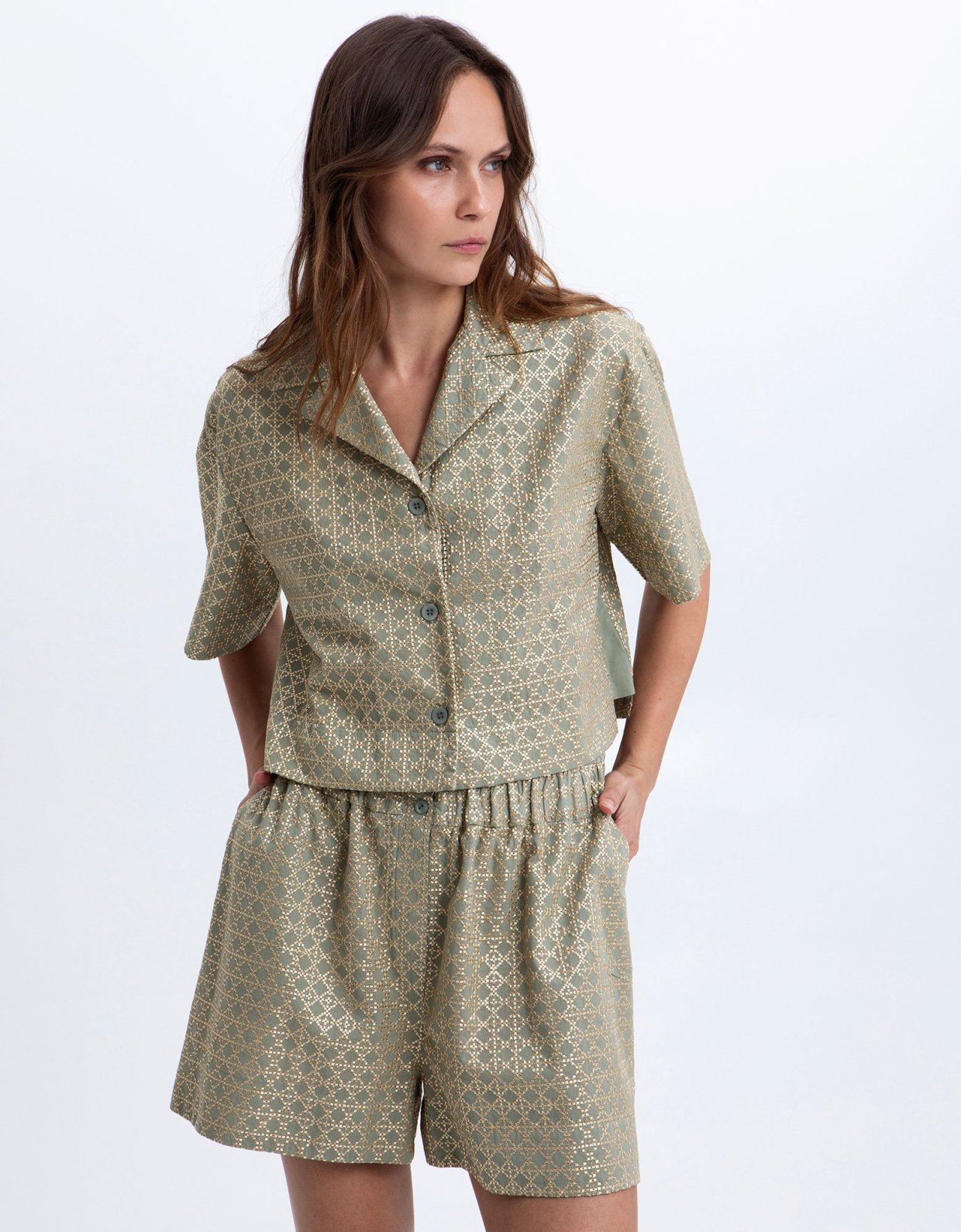 Greek Archaic Kori Cross embroidered crop shirt sage-gold